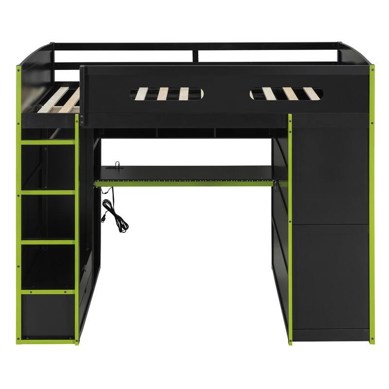 Full Size Gaming Loft Bed with Bulit-in Desk and Wardrobe, Wooden Loft Bedframe with RGB LED Light and Storage Drawers