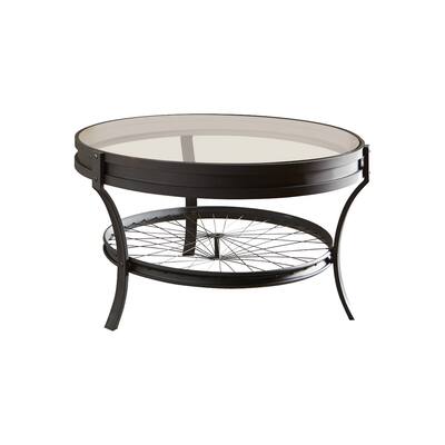 Glass Top Metal Coffee Table with Bike Spokes Design Bottom,Black and Clear