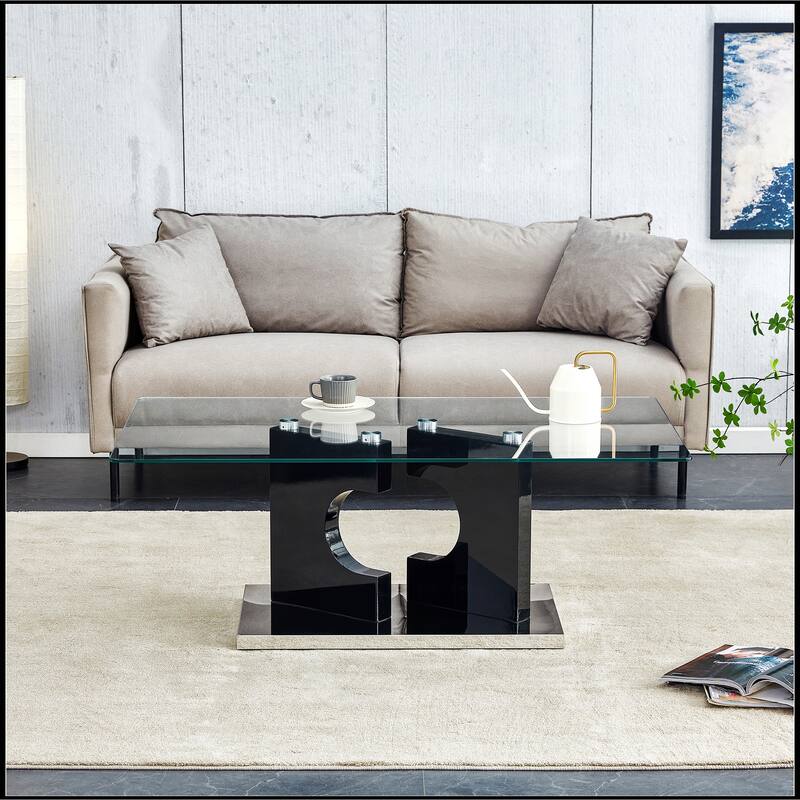 Rectangular Coffee Table with Tempered Glass Tabletop and White MDF Legs