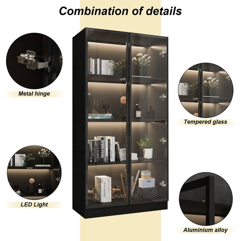 Storage Cabinet Glass l Wood Display Cabinet with 4 Shelves and Light