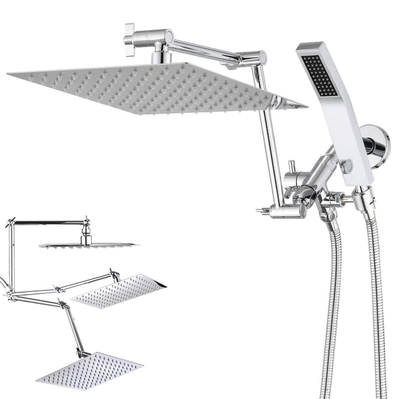 Bathlet 10" Rainfall Shower Head And 16" Adjustable Extension Arm Combo - Chrome/Clear