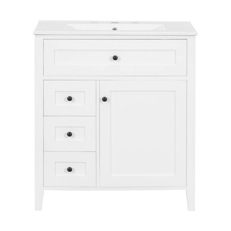 30-Inch Bathroom Vanity with Sink, Modern MDF and Rubberwood Cabinet with 3 Drawers and Adjustable Shelf, Freestanding