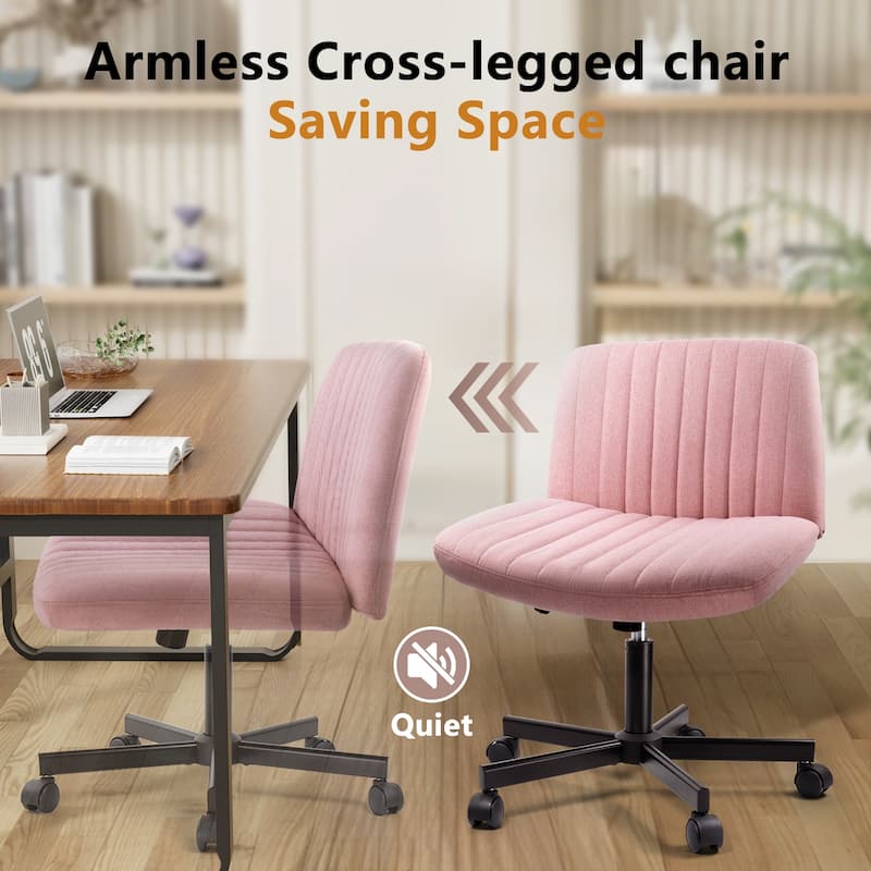 Bossin Criss Cross Chair Armless Office Desk Chair with Wheels,Fabric Padded Cross Legged Chair, Swivel Wide Seat Vanity Chair