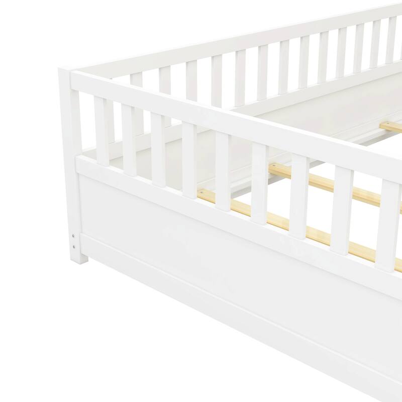Toddler Full Size Montessori Low-Profile Floor Bed for Kids with High Baffle Fence and Door - Available with or without Slats