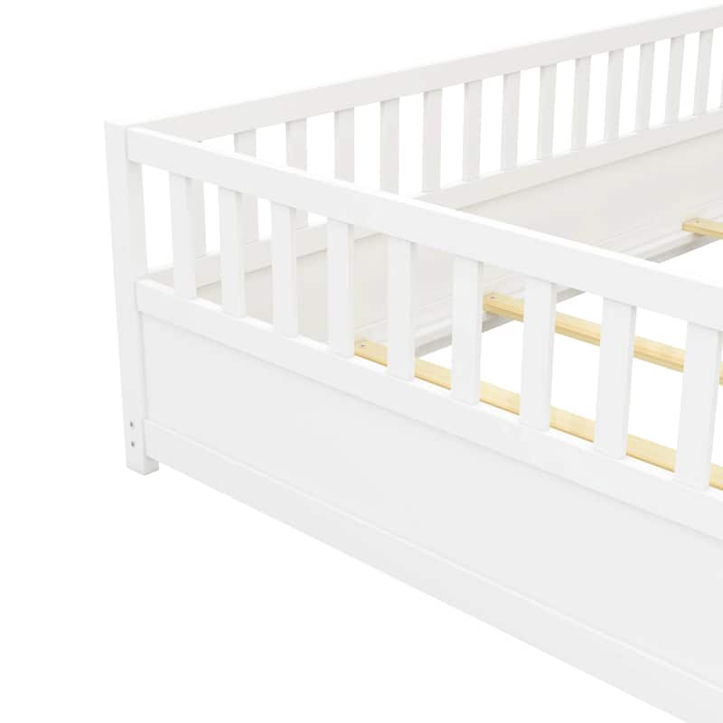 White Full Size Pine Floor Bed with Guardrail & Door