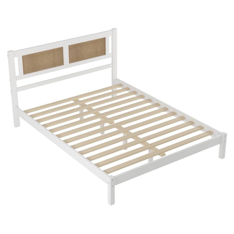 Platform bed with natural rattan headboard