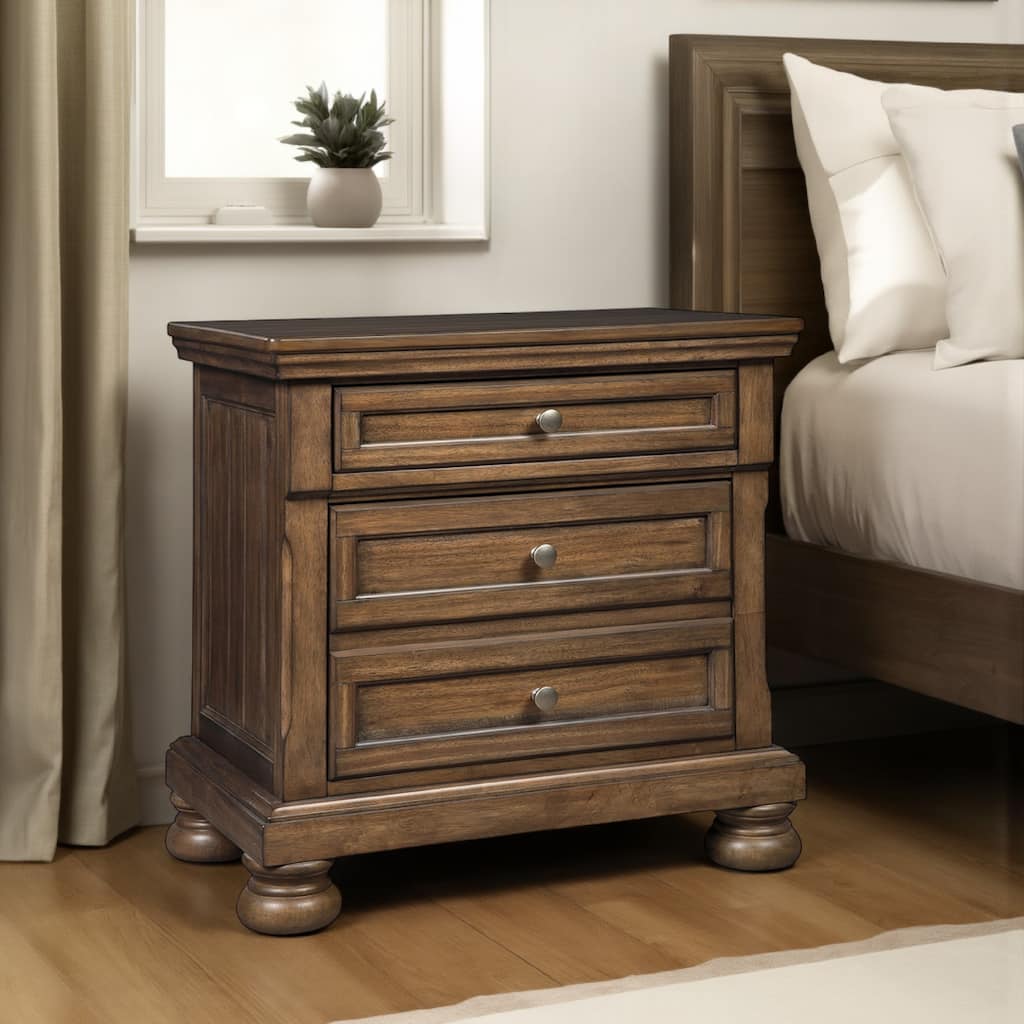 Flynt Nightstand, 2 Drawers, Pull Out Tray, Brass Knobs, Rustic Brown