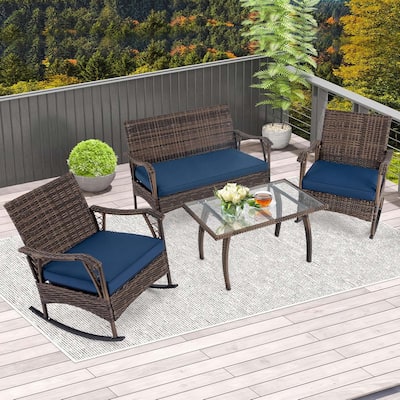 4 PCS Wicker Rocking Set w/ Coffee Table Heavy-Duty Metal Frame