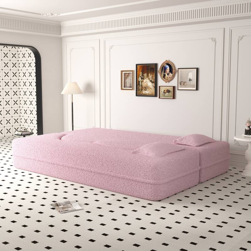 Modern Floor Sofa with 2 Pillows,Convertible Teddy Fabric Foam-Filled Sleeper Sofa Bed,15" Full Size Folding Mattress - Pink