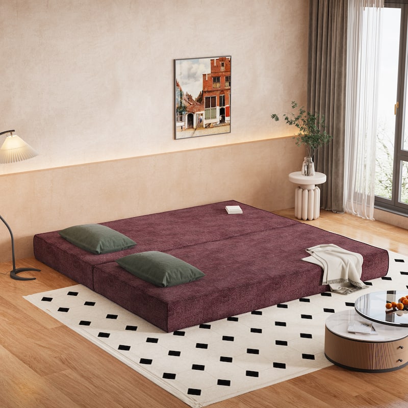 80" Convertible Sofa Bed with 2 Pillows, 2-Seat Folding Floor Couch, Multifunctional Chenille Loveseat Living Room Sleeper Sofa