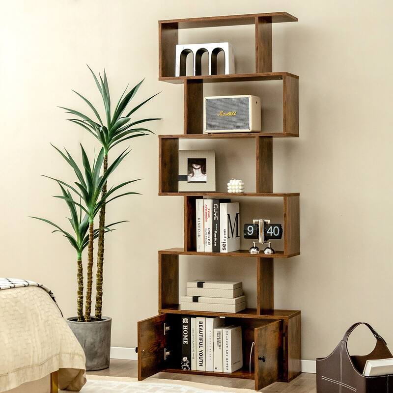 Gymax 2 PCS Bookshelf w/ Cabinet 6-Tier S-Shaped Bookcase Storage Rack
