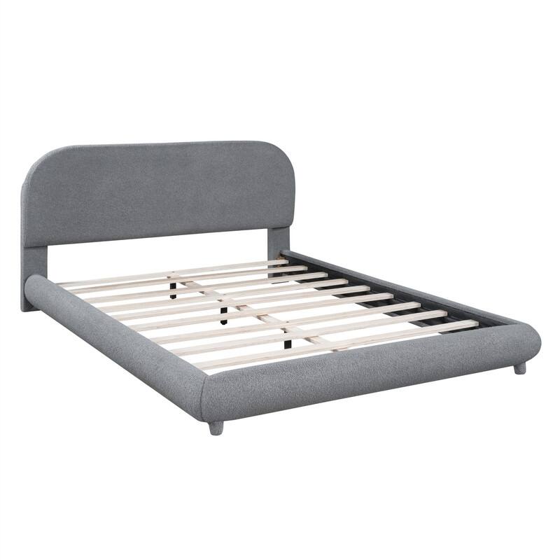 Teddy Fleece Upholstered Bed Frame with Curved Shaped Headboard, Full/Queen Size Platform Bed with Wood Slats Support