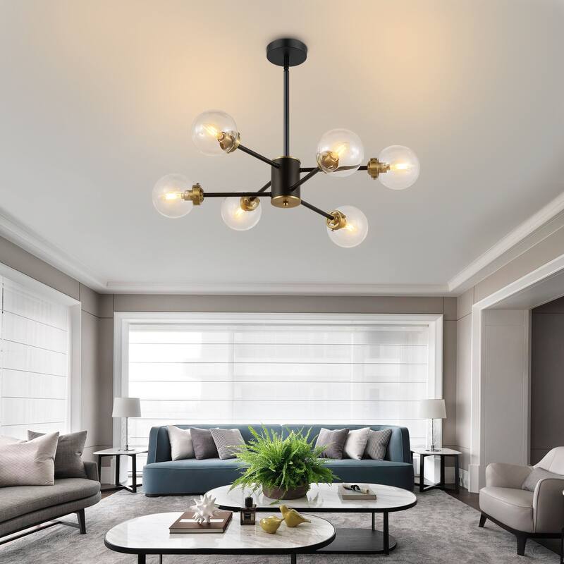 MLiAN 6-Light Sputnik 4.7" Opal Glass Globe Shade Linear Chandelier for Indoor Height Adjustable - N/A - Black/Clear Glass