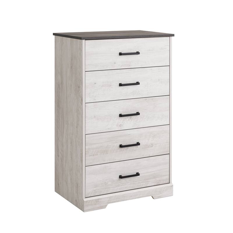 Prepac Rustic Ridge Farmhouse Chest, Wooden Bedroom Dresser with 5 Storage Drawers - Washed White
