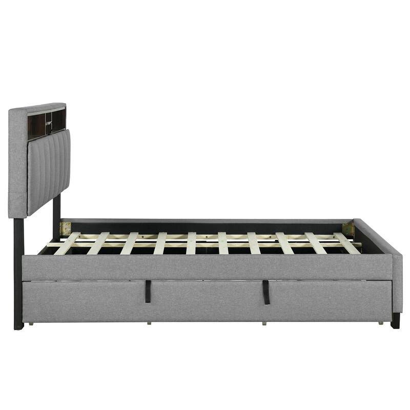 Full Size Upholstered Bed with Storage Headboard,Platform Bed with Trundle,2 Drawers and Charging Station