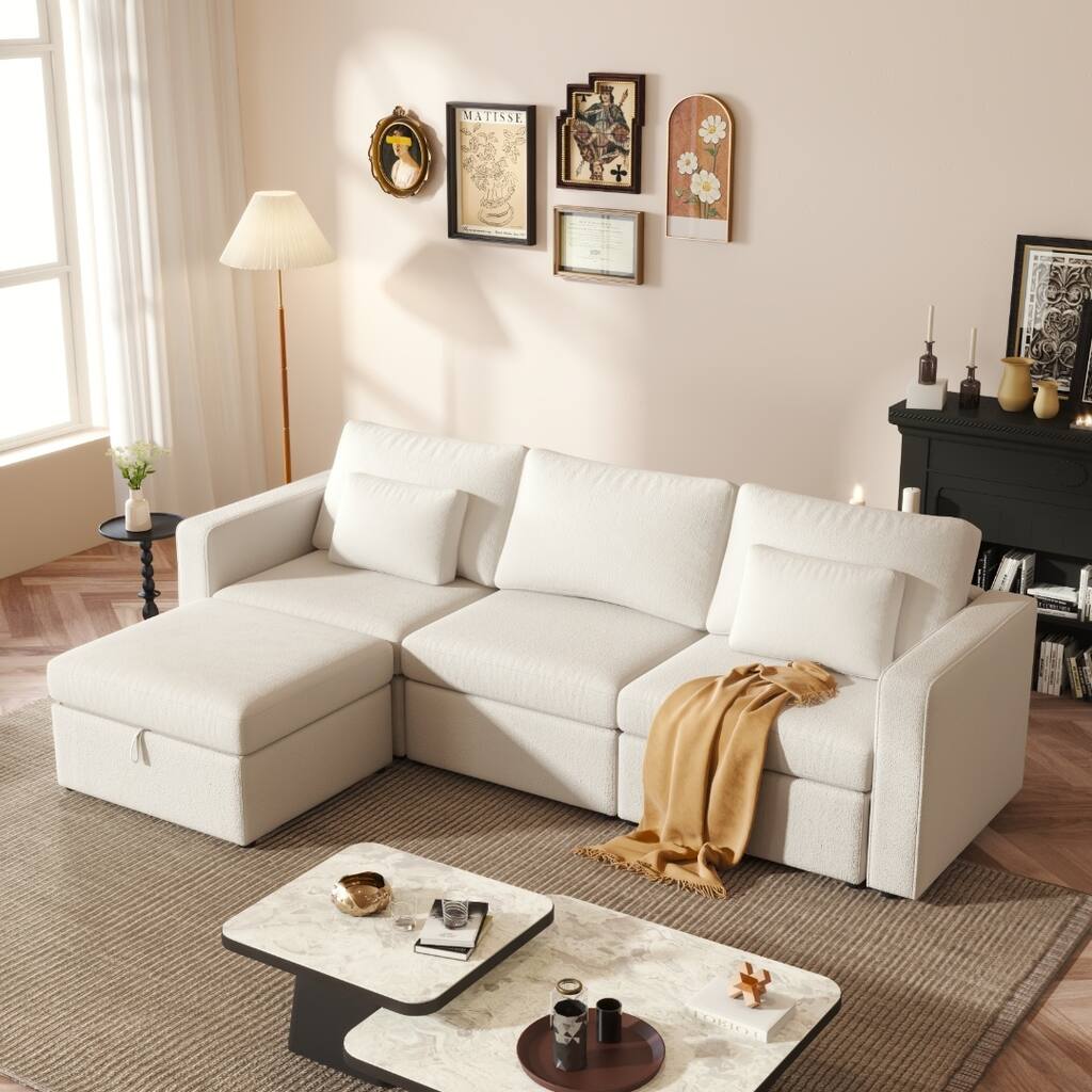 White 100" Cotton Linen L-Shaped Modular Sectional Sofa, Removable Storage Ottoman