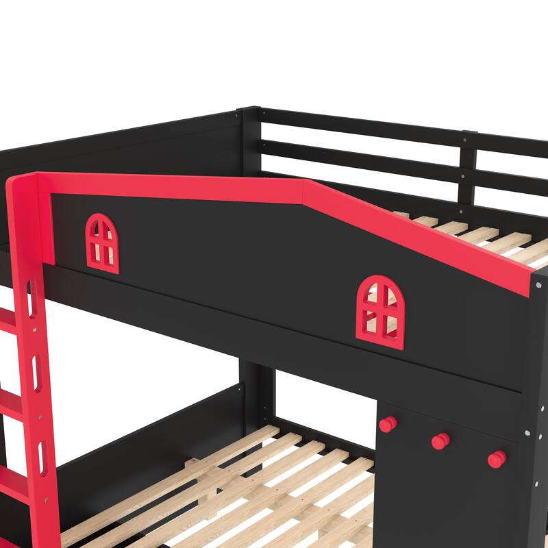 Queen over Queen Bunk Bed with Storage Drawers and Shelves, Solid Wood Bunk Beds with hooks, No Box Spring Needed
