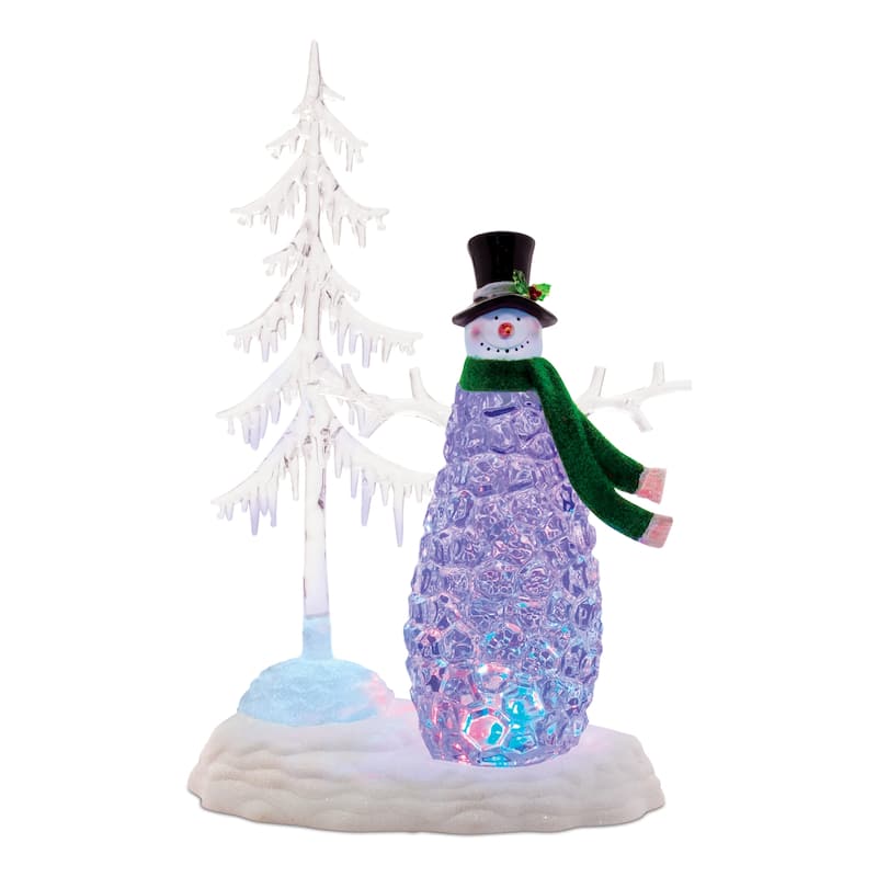 Rotating LED Snowman with Pine Tree Multicolor Lights Battery or USB Powered - 10” x 7” x 15.25” - White-Multi