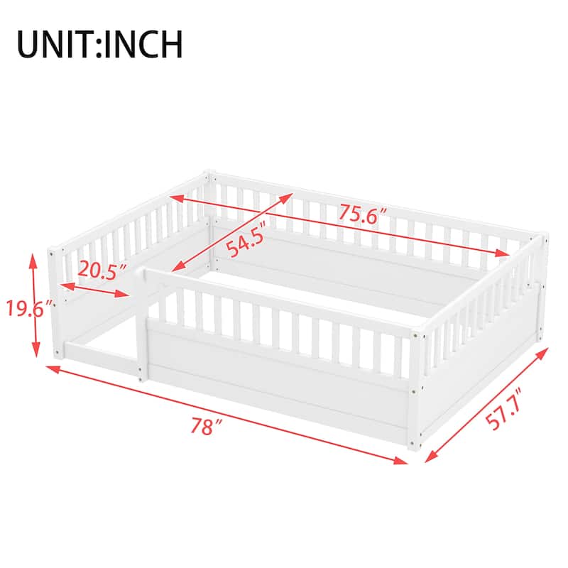 Full Floor Bed Frame with Fence, Montessori wooden children's floor bed,Wood Kids Floor Beds Frame for Bedroom Playroom