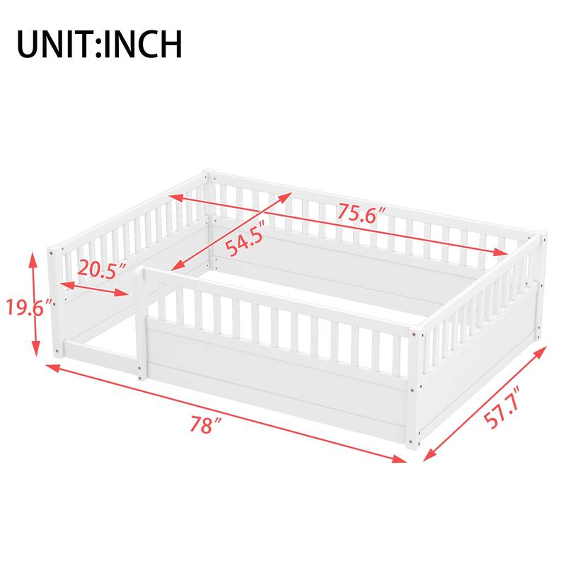 Twin/Full Montessori Floor Bed with High Fence & Open Door, Solid Pine, Playroom/Bedroom, No Box Spring