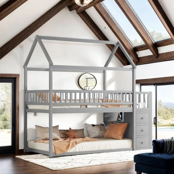 slide 2 of 12, Twin over Twin House Bunk Bed with Roof, Shelves and Drawers, Grey Grey