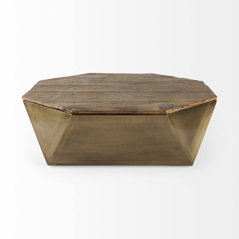 Esagono Gold Metal-Clad Reclaimed Wood Octagonal Coffee Table w/ Storage - 48.0L x 48.0W x 14.2H