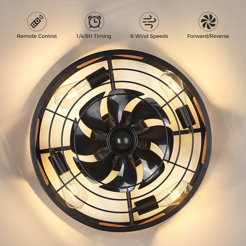20 in. Indoor Black 100-240 V with Remote Control Rattan Cage Ceiling Fan with Light - 19.7 Inches