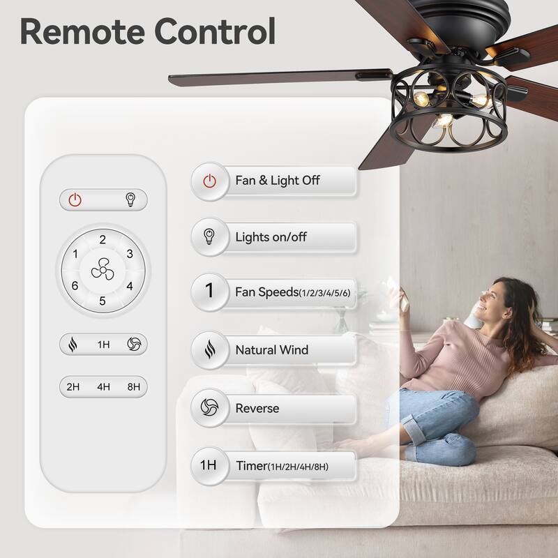 52-inch Flush Mount Caged Ceiling Fan with Light and Remote(5 Reversible Blades)