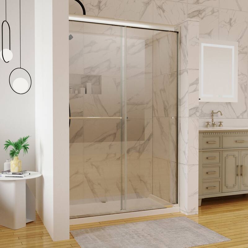 48'' x 72'' Glass Semi-Frameless Double Sliding Shower Tub Door in Matte Black/Brushed Nickel