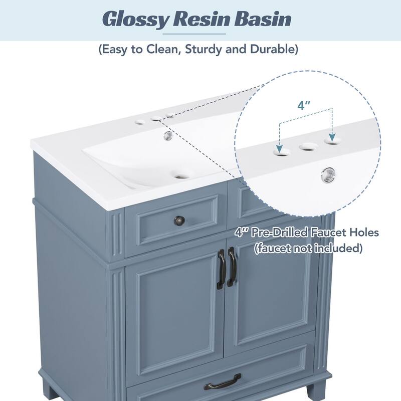 30 inches Freestanding Bathroom Vanity Set in Blue with Integrated Ceramic Sink