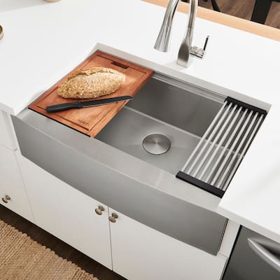 Ruvati 33-inch Apron-front Workstation Farmhouse Kitchen Sink 16 Gauge Stainless Steel Single Bowl - RVH9200 - 33" x 22"
