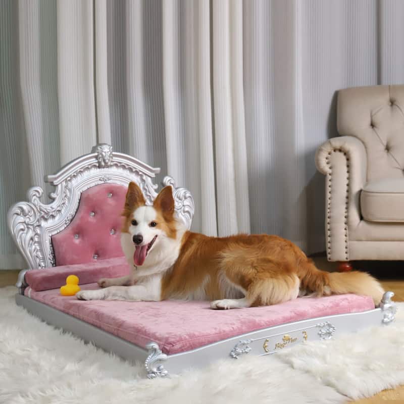 Silver Baroque Soft Velvet Cover Dog Bed Pet Sofa Furniture With Tufted Headboard Diamonds Decor - Extra Large - Pink