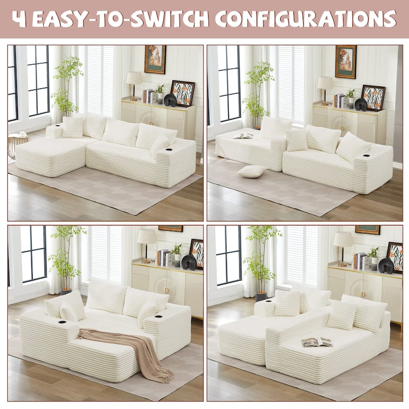 104" Upholstered No-Assembly Modular Sofa Chaise Sofa with Cupholders, Free Combination
