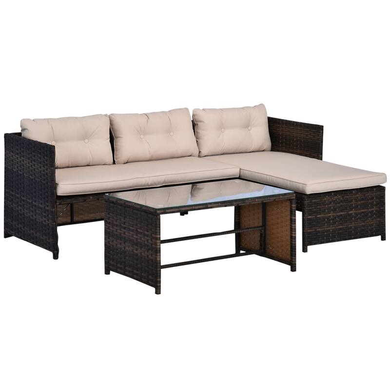 3 Piece Patio Furniture Set, Rattan Outdoor Sofa Set with Chaise Lounge & Loveseat, Soft Cushions, Tempered Glass Table,