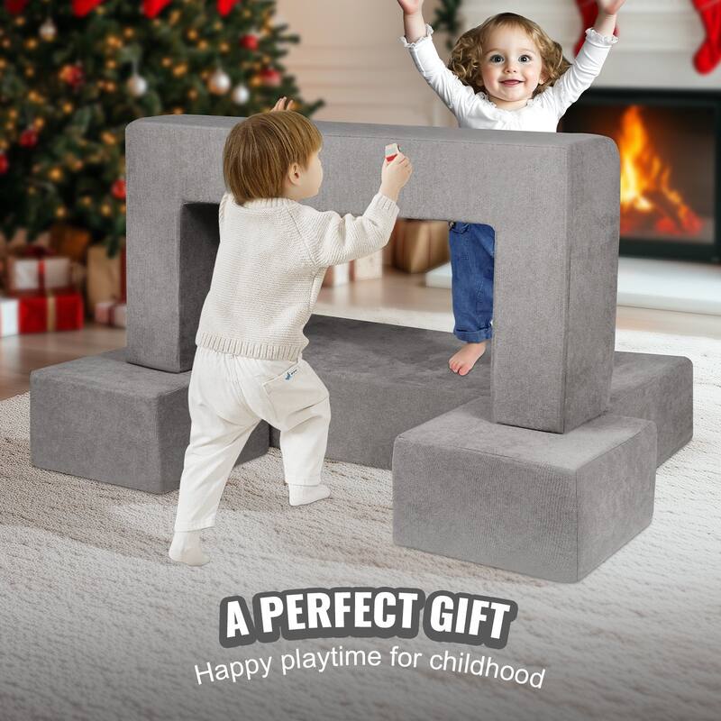 Grey Chenille Kids Modular Couch with Foam Blocks and Safe Zippers - 39.37” L x 39.37” W x 7.87” H