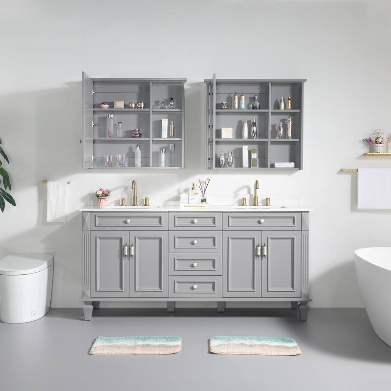 35'' H Solid Wood Bath Vanity with Stain-resistant Carrera White Quartz Top and Double Sink