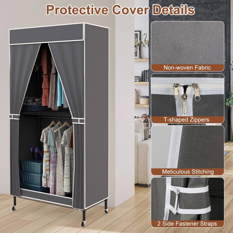 Grey Galvanized Tubes 2-Tier Covered Wardrobe Rack with Wheels and Hooks - 35.43x17.13x72.44in