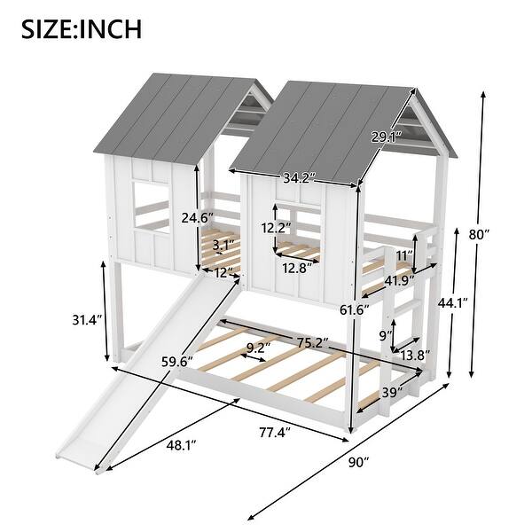 Twin Over Twin House Bunk Bed with Slide and Windows