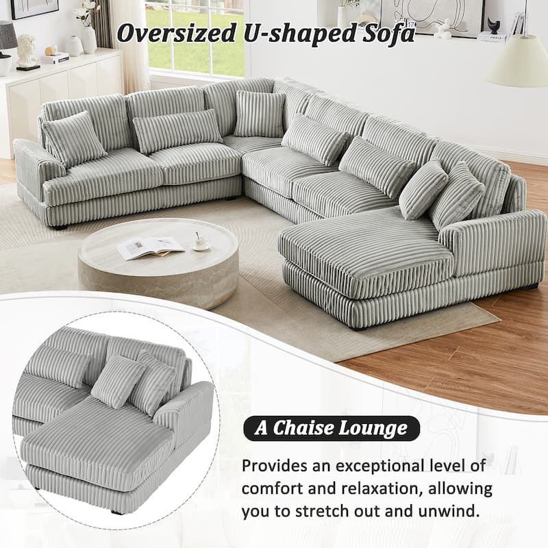 Oversized U-Shaped Sectional Sofa with Chaise, 4 Square and 3 Lumbar Pillows for Living Room