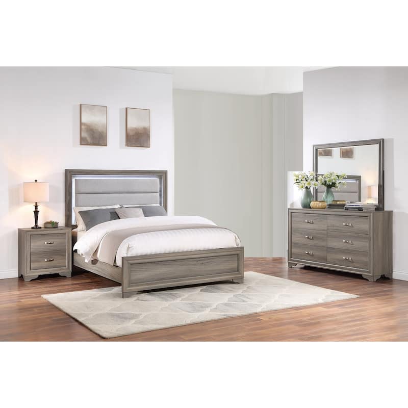 Contemporary Style 4pc Bed Set Tufted Headboard Metal Handles Light Brown Finish Bedroom Furniture