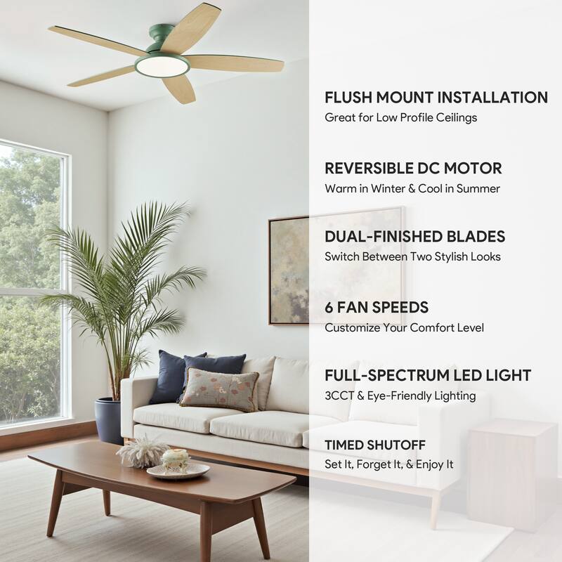 5 - Blade Low Profile Flush Mount Modern Ceiling Fan with 3CCT LED Light and Remote