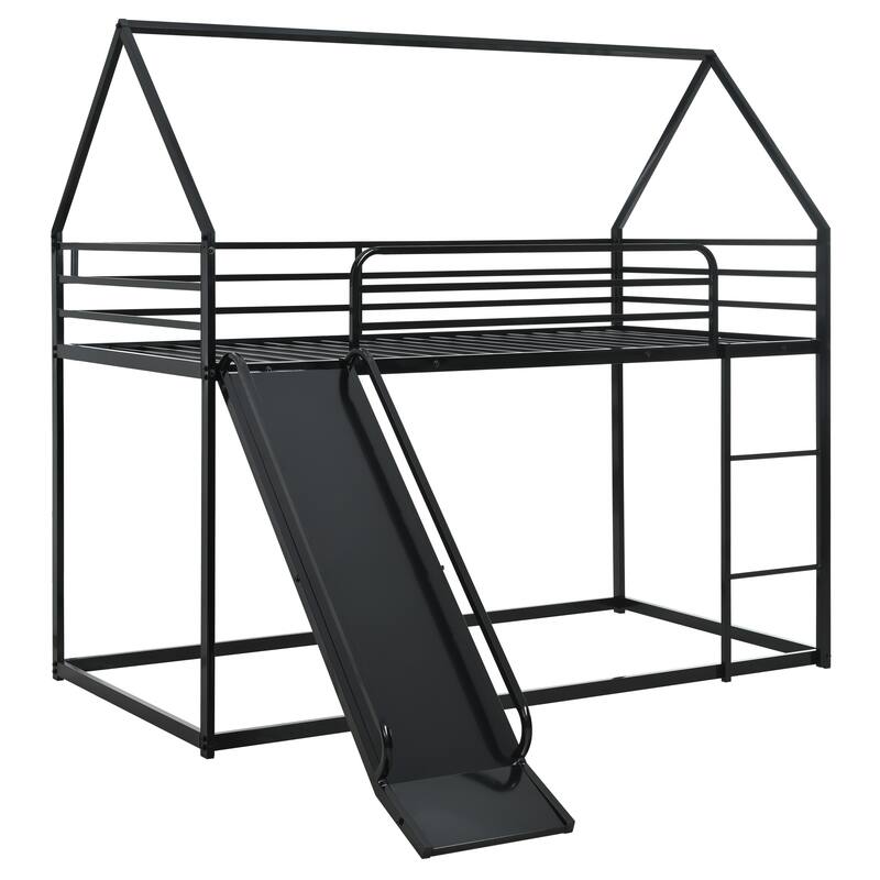 Metal Twin Over Twin House Bunk Bed with Ladder and Slider, Sturdy and Safe Design, Black