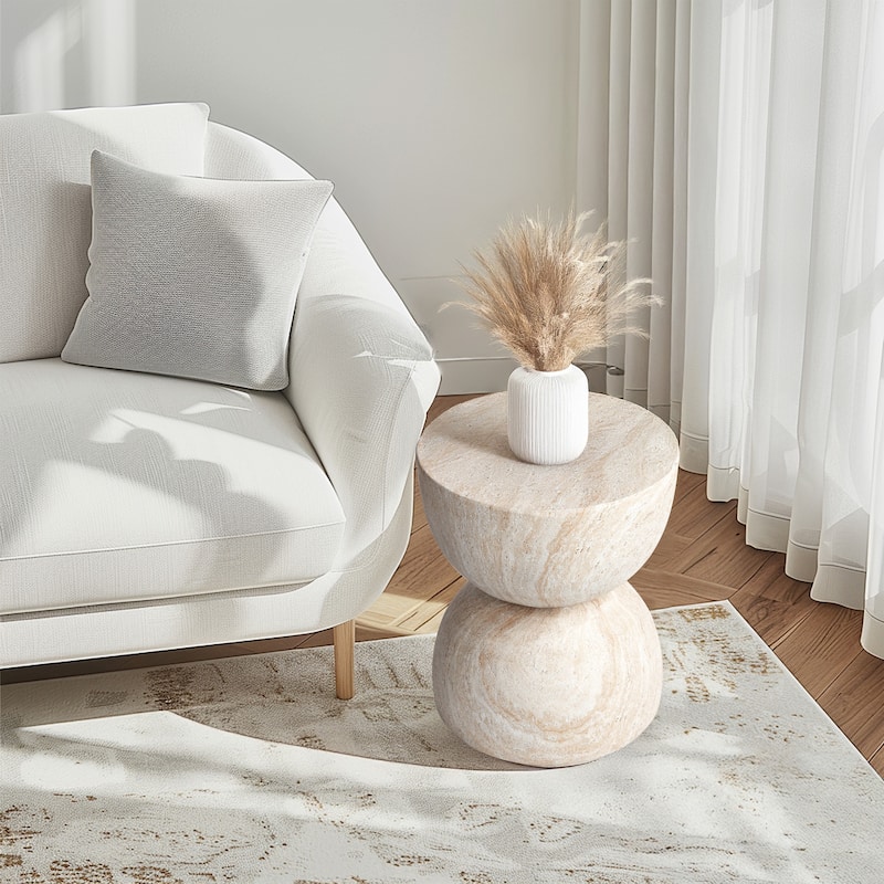 Double Hourglass Travertine Stone Finish Italian Design MgO Side Accent Table - 15.7x15.7"x18.5"