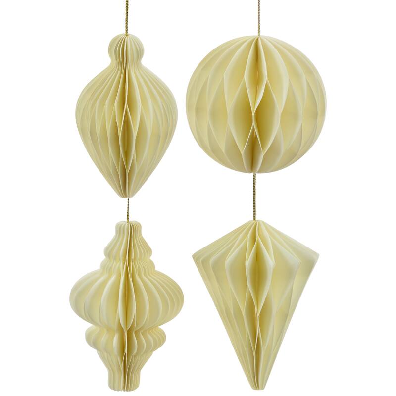Foldable Paper Honeycomb Christmas Finial Ornaments - 4" - Cream - Set of 4