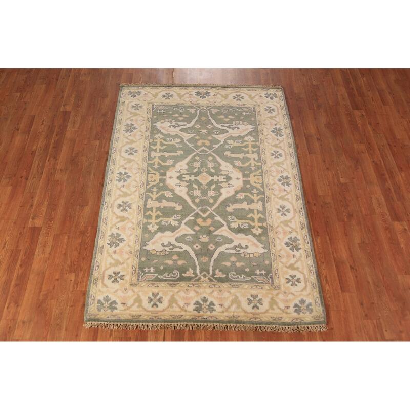 Green Oushak Oriental Rug Transitional Hand-Knotted Wool Carpet - 4'2"x 6'2"