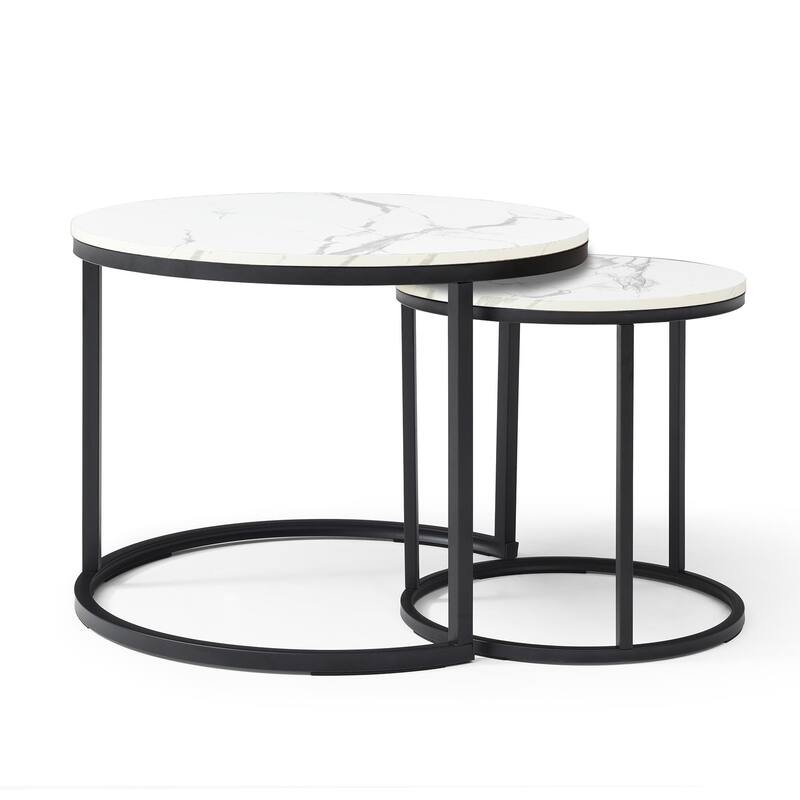 Anmytek Nested Round Side Tables Marble Look Top Black Metal Accent Coffee Table Set for Living Room