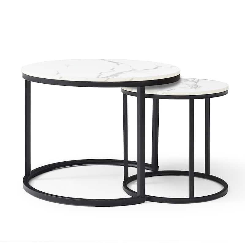 Versatile Nesting Coffee Table Set of 2 with Round Wooden Top and Metal Frame Base Modern Simple Side Table End Table Nightstand