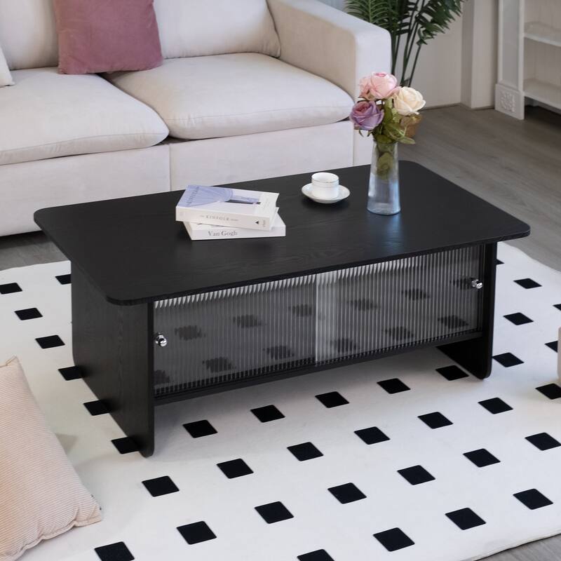 47" Black Rectangular Minimalist Coffee Table with Glass Sliding Door Storage