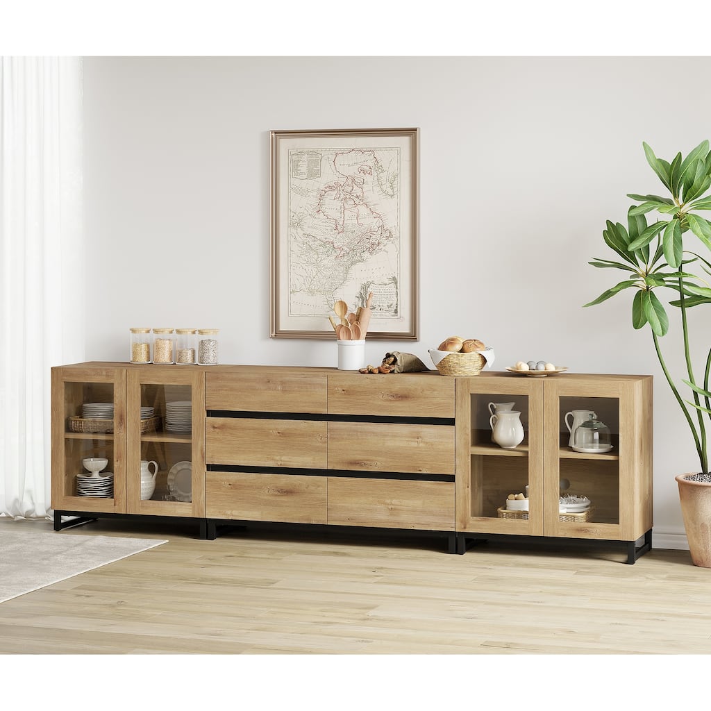 WAMPAT 3 in 1 Multifunctional Dresser with Glass Doors and 6 Drawers, Modern Chest of Drawers for Bedroom