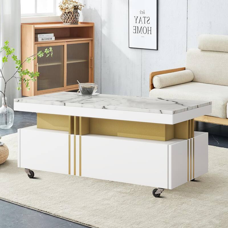 Elegant Stylish Wooden Rectangular Coffee Table with 4 Wheels